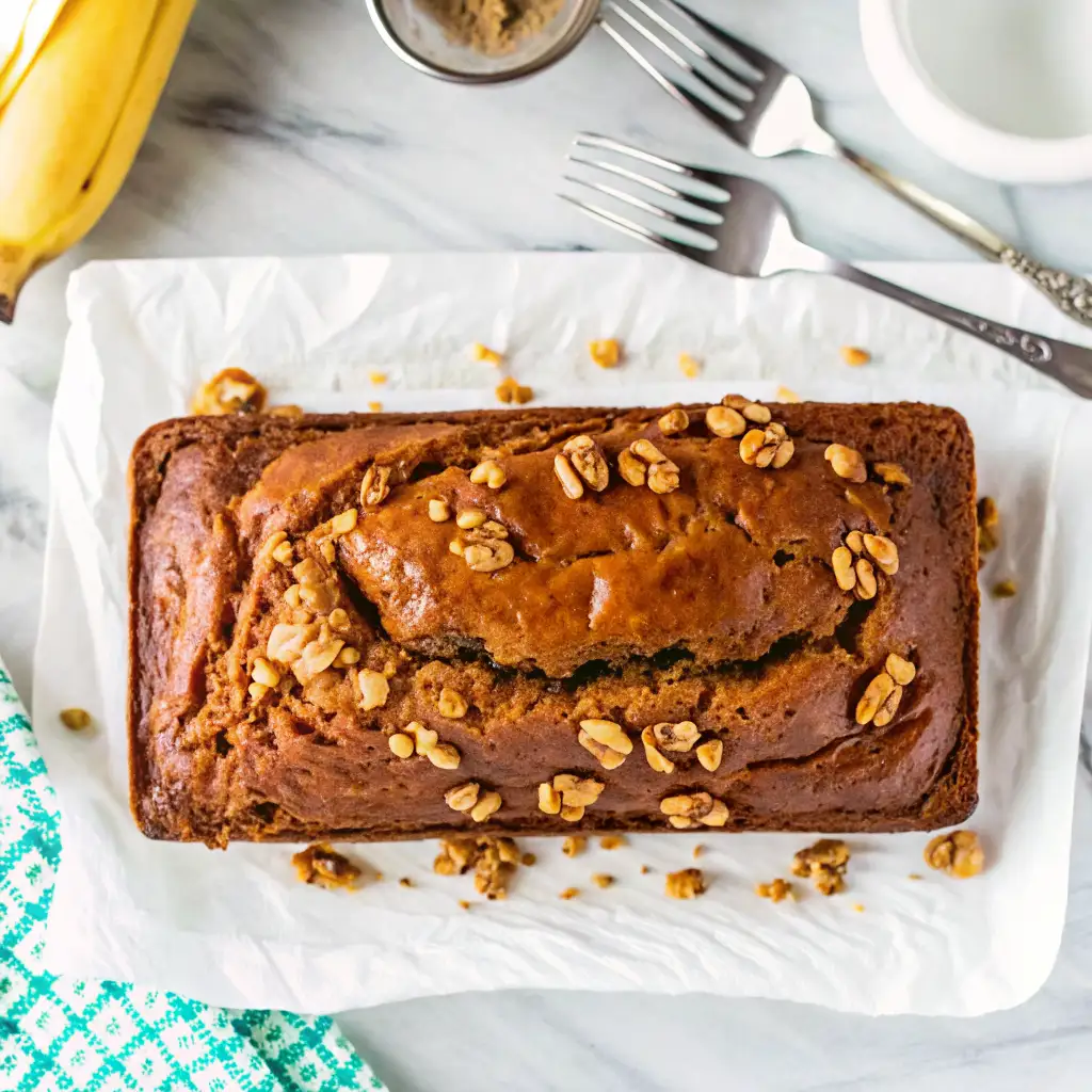 Whole baked pumpkin banana loaf topped with chopped nuts on parchment paper

