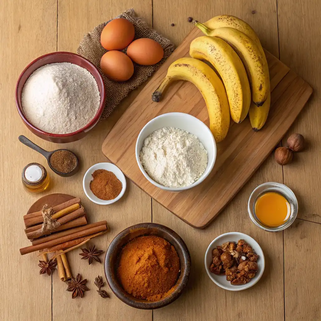 Pumpkin banana loaf ingredients laid out on a wooden surface, including bananas, eggs, flour, spices, oil, and nuts