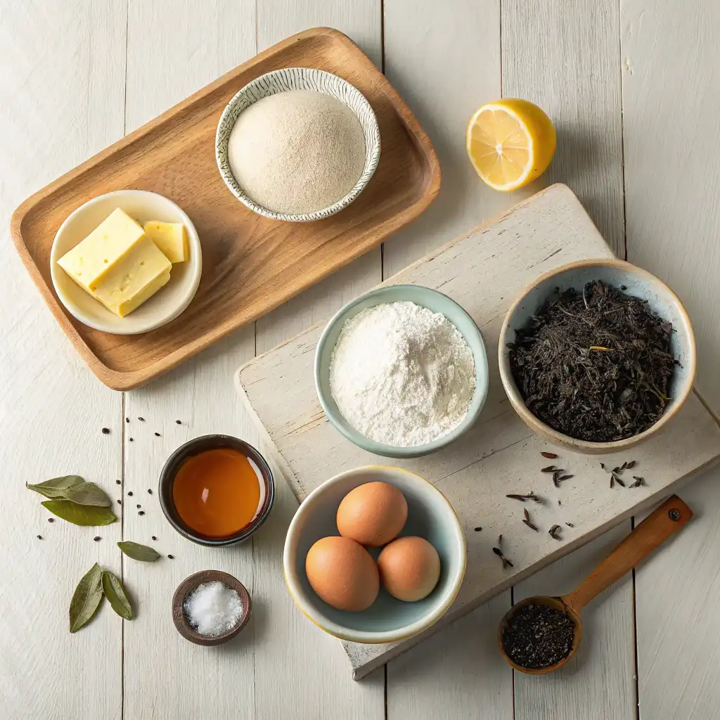 Overhead view of Earl Grey cookie ingredients including butter, flour, tea leaves, and lemon zest