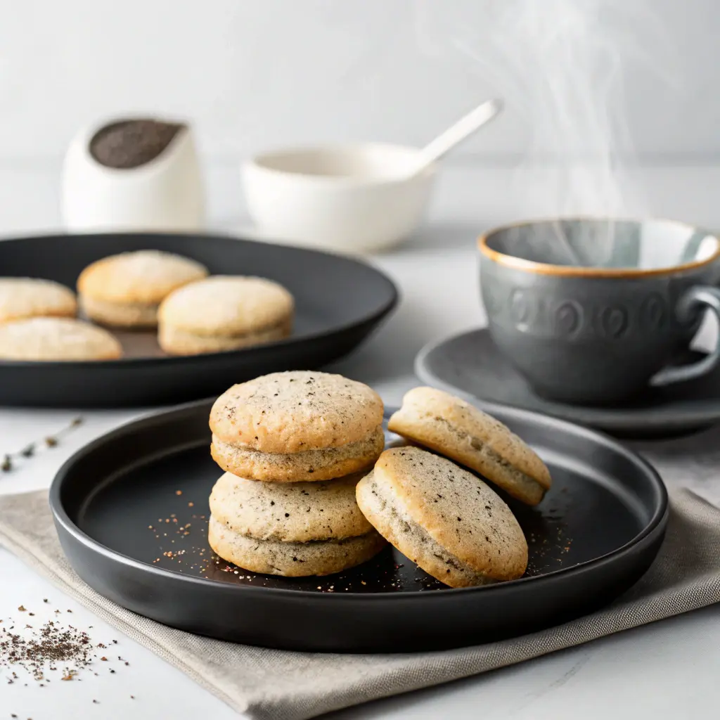 Earl Grey cookies on a modern ceramic plate with artistic steam and minimal background