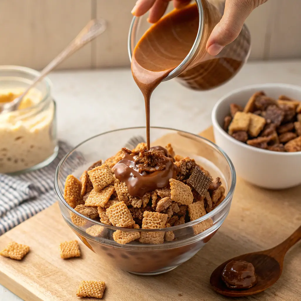 pouring chocolate peanut butter on Chex for muddy buddies