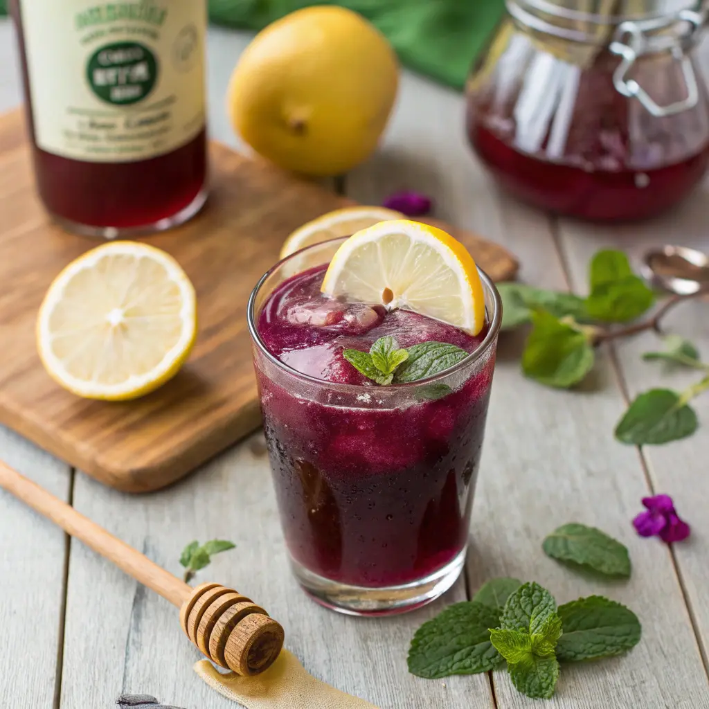 Brazilian Mounjaro Ingredients - The Natural Drink People 4 Brazilian Mounjaro drink ingredients with lemon, butterfly pea tea, honey, and apple cider vinegar