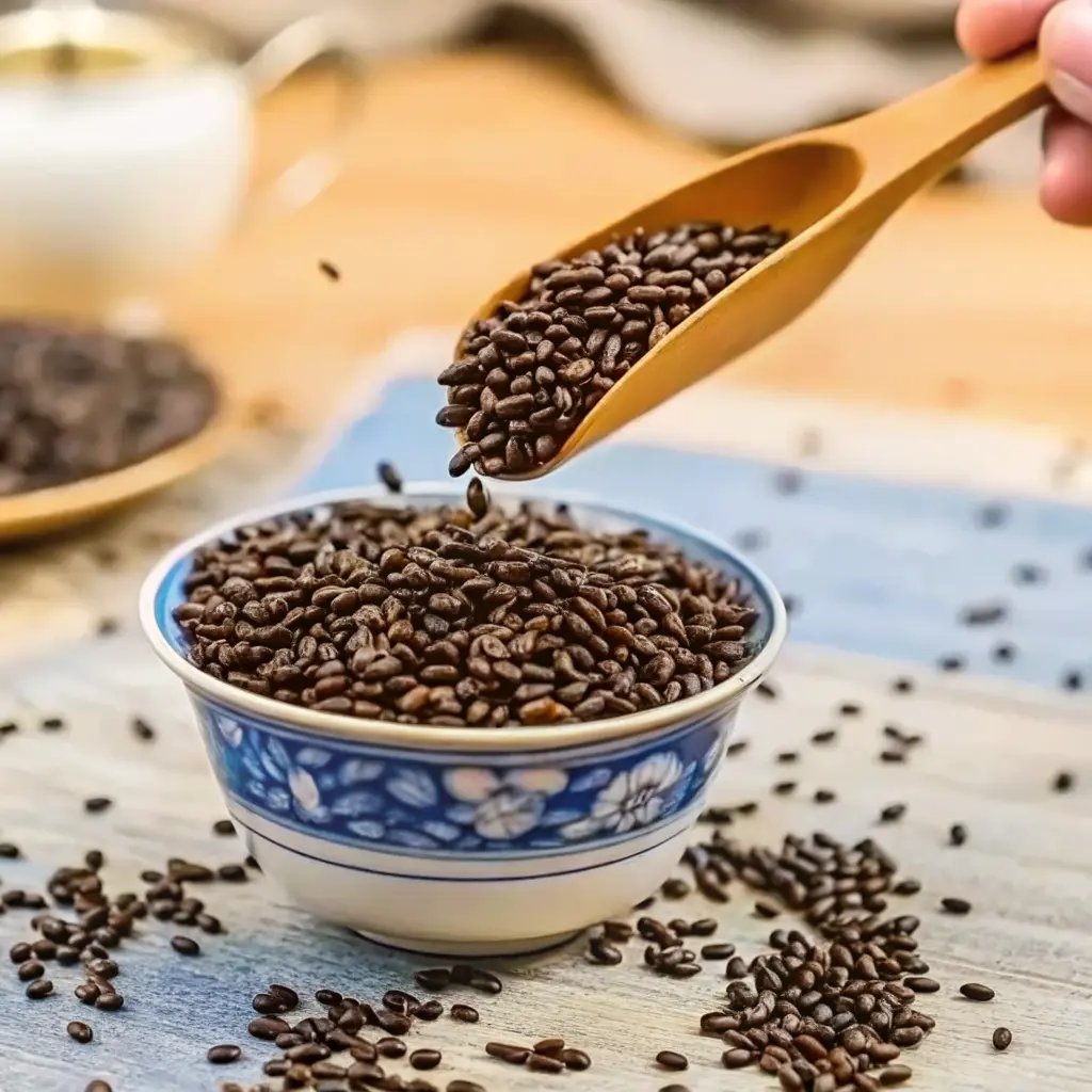 Cassia seeds in a ceramic bowl being scooped, highlighting the benefits of cassia seed tea