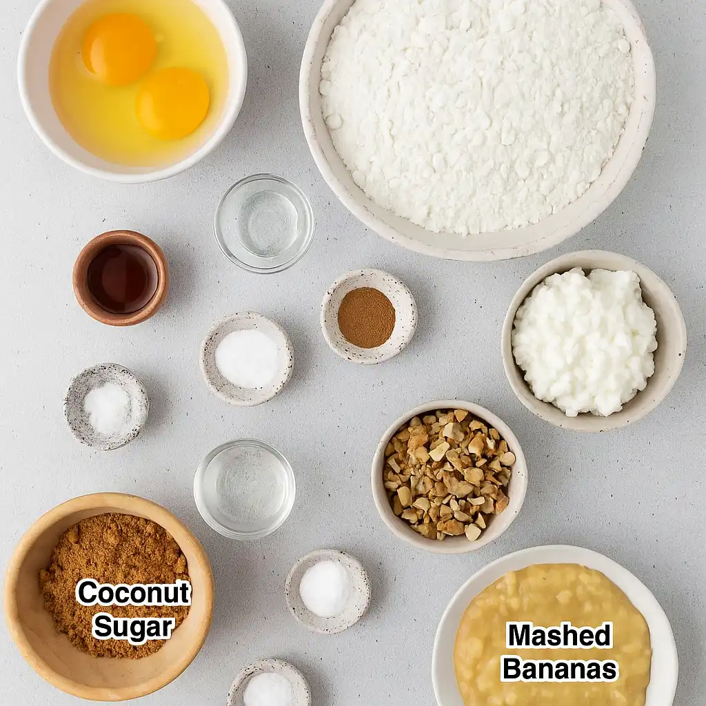 Ingredients for cottage cheese banana bread including eggs, flour, mashed bananas, coconut sugar, and cottage cheese