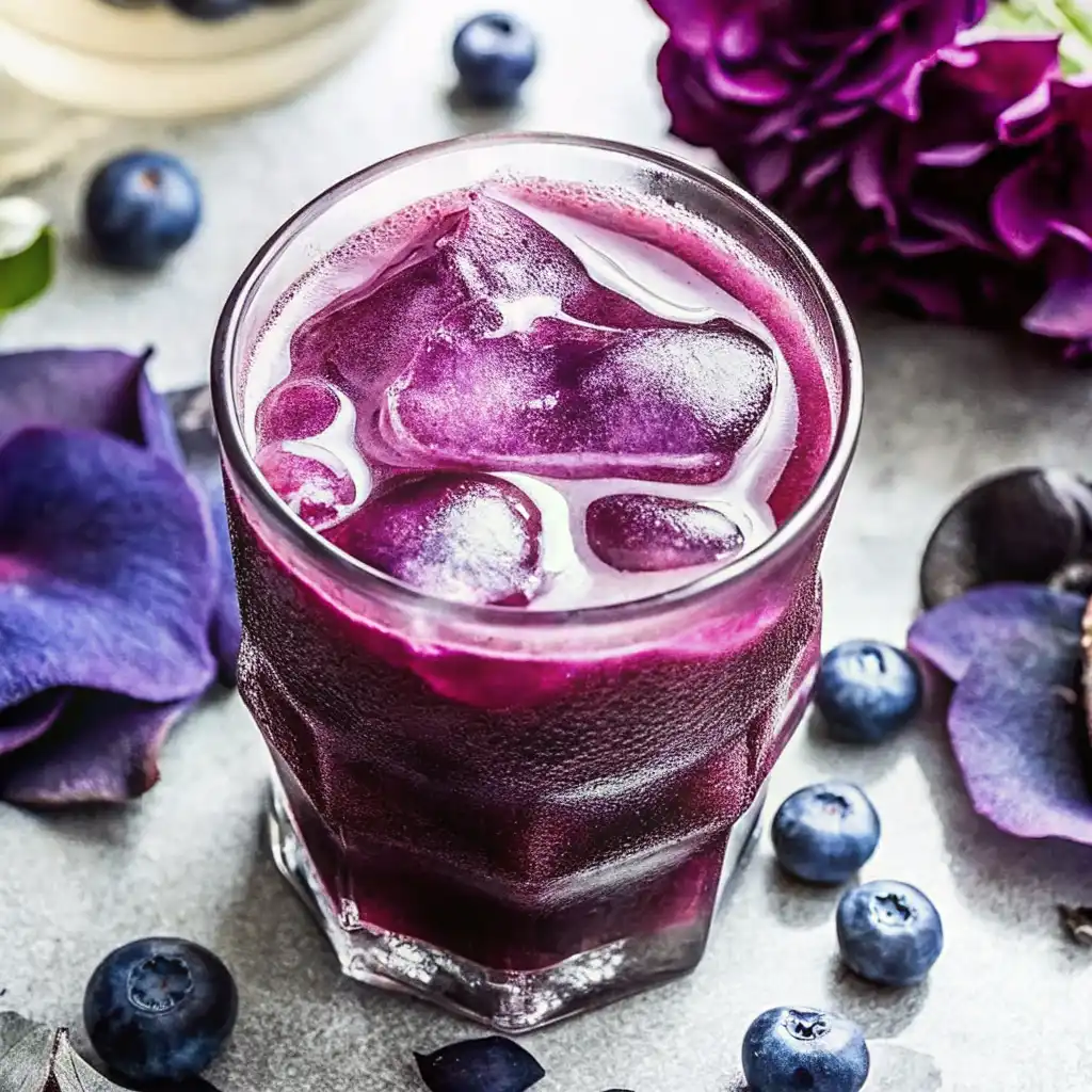 Iced purple peel weight loss beverage with blueberries and violet petals