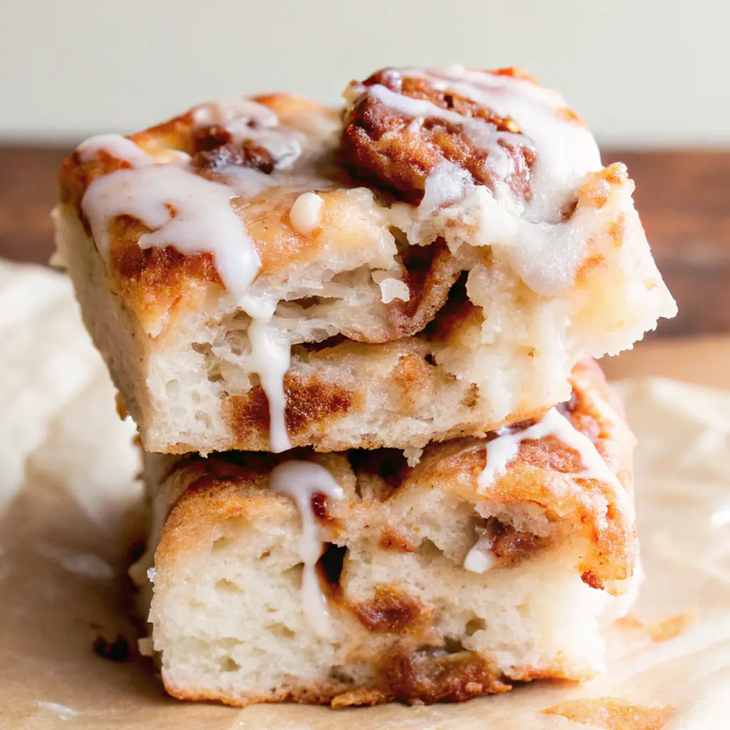 Close-up of sourdough cinnamon roll focaccia drizzled with cream cheese glaze