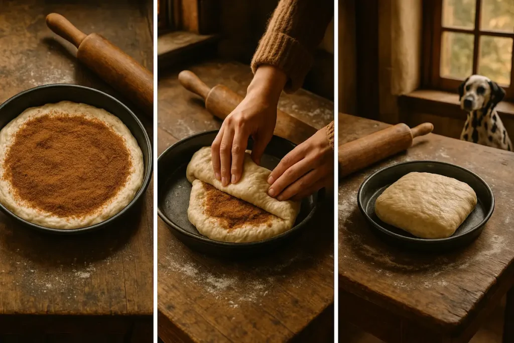 Step-by-step process of folding cinnamon roll focaccia sourdough with cinnamon filling in a rustic kitchen