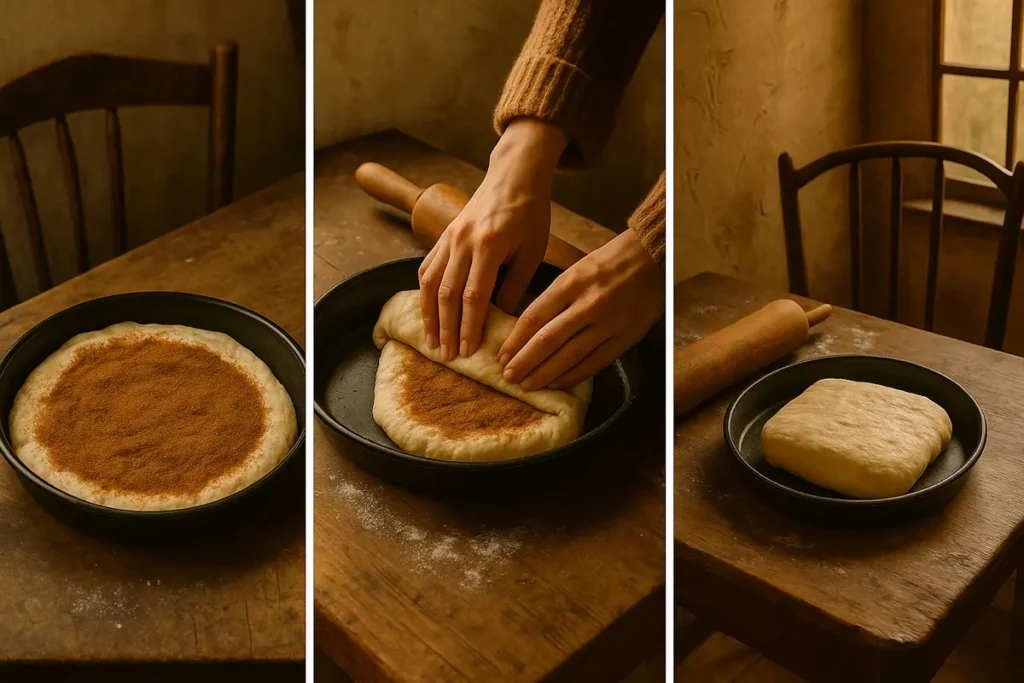 step-by-step folding of cinnamon roll sourdough focaccia dough