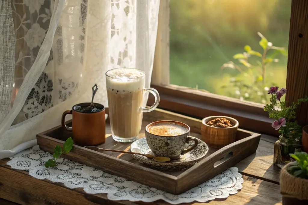 Morning herbal drinks to weight loss served on a rustic wooden tray by the window, featuring tea and latte in vintage mugs with soft sunlight and lace curtains.