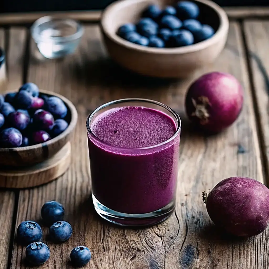 Purple peel exploit smoothie with fresh berries on rustic wooden table