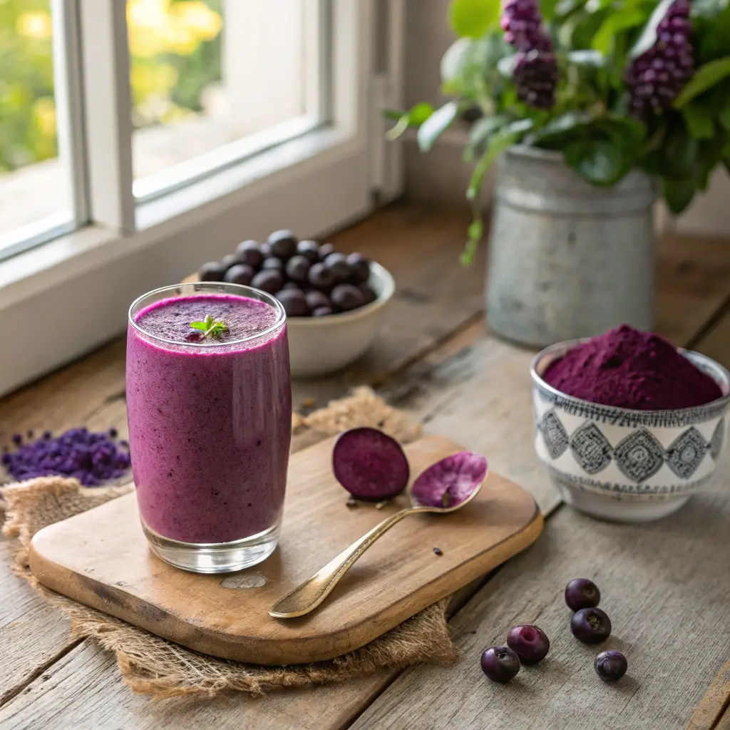 Purple peel smoothie with maqui berries and powder on wood