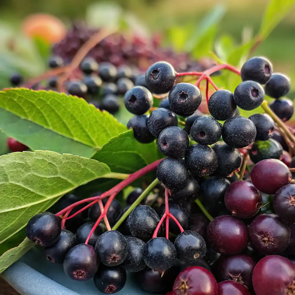 Purple peel exploit ingredients featuring fresh elderberries on stems