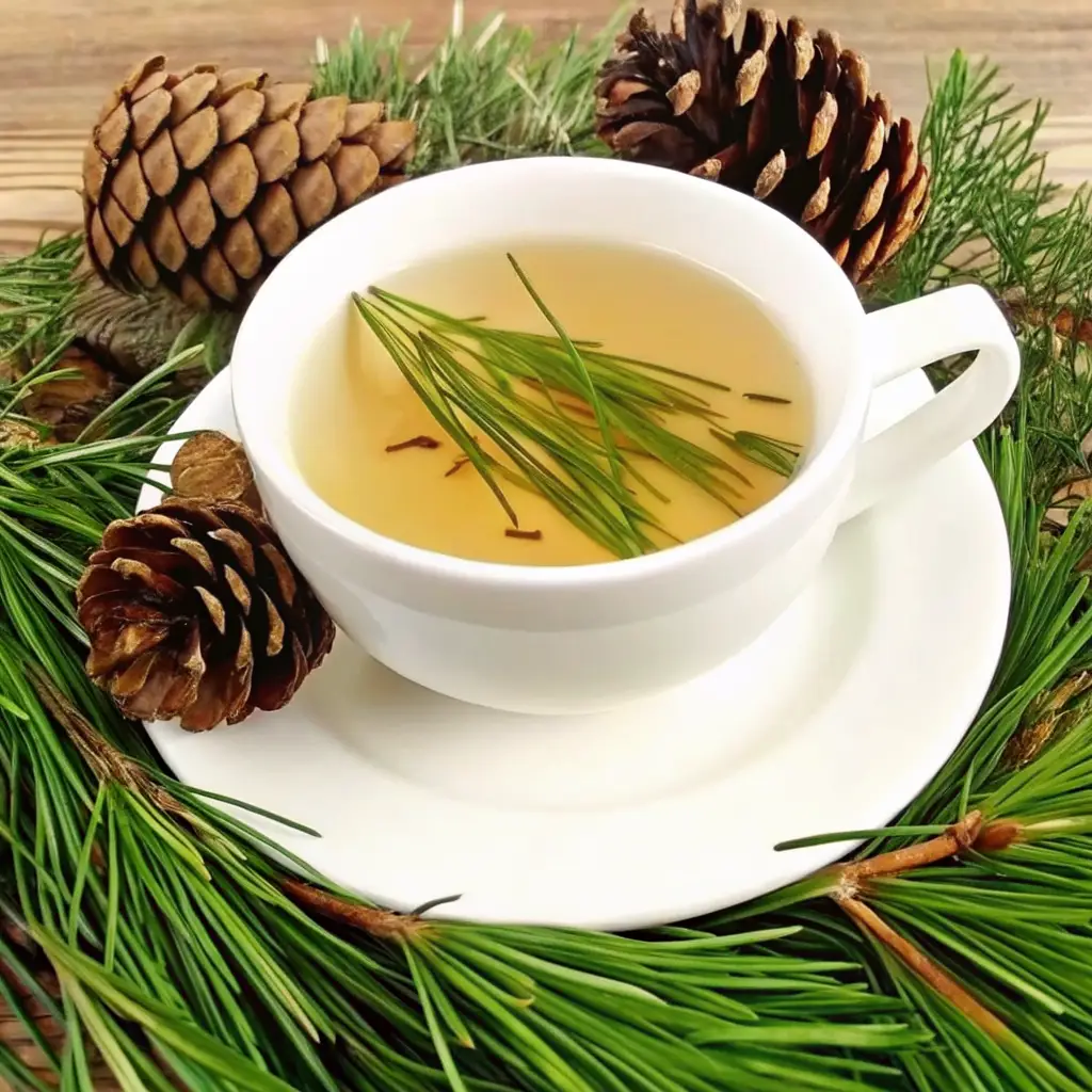 white pine needle tea benefits in a white cup with fresh pine and cloves