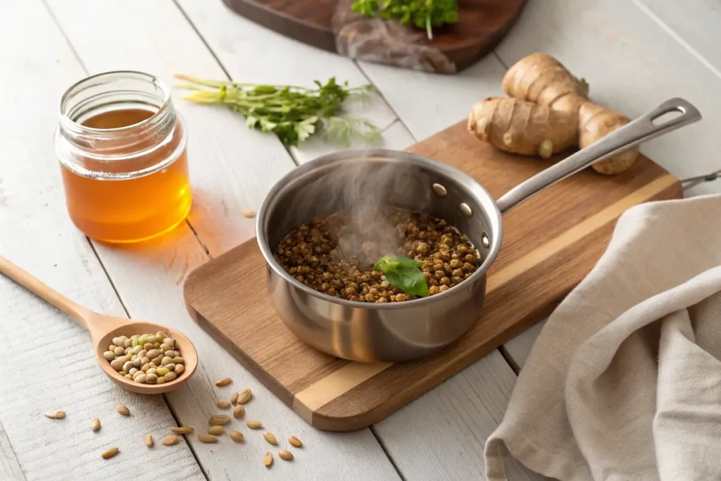 Cassia tora seeds simmering in a pot with ginger and honey