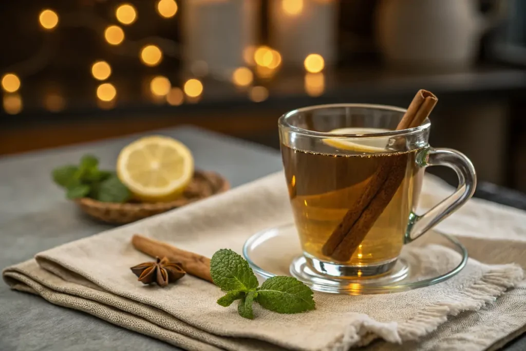 Cassia tora tea served with cinnamon, lemon, and mint